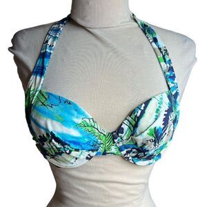 Tommy Bahama Blue, Green and White Halter Bikini Top with Tropical Print